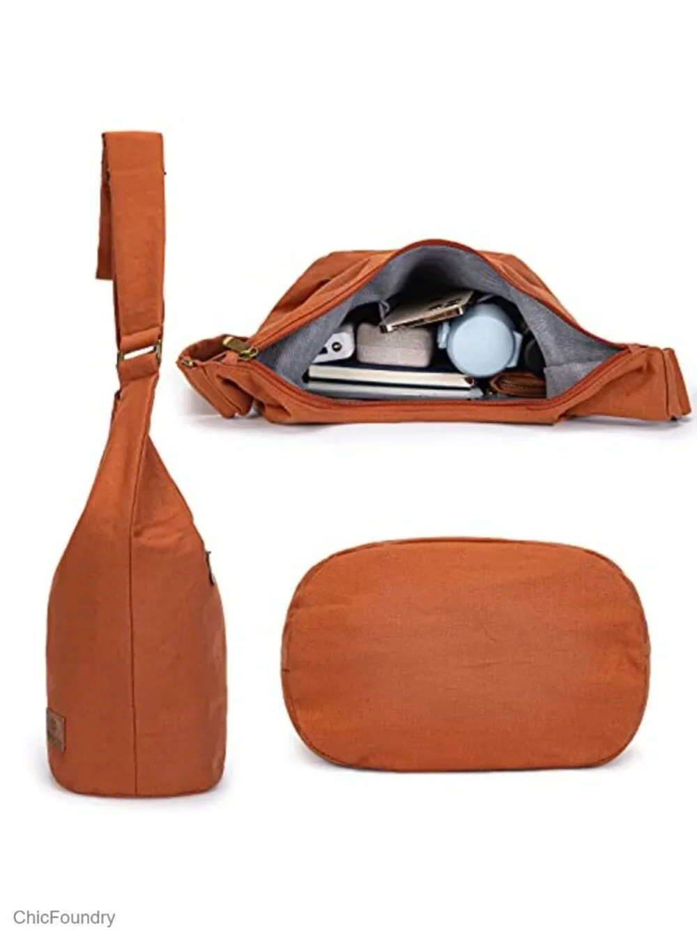 Large Canvas Hippie Crossbody Bag with Long Zipper - Woven Flower Sling